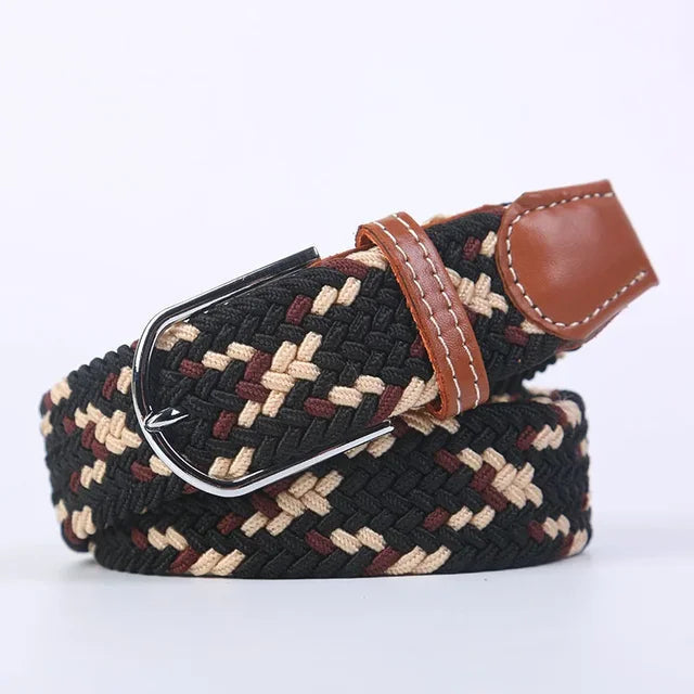 Zwarte elastische riem, unisex, van hoogwaardig imitatieleer voor lange duurzaamheid.