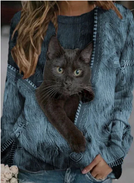 Comfortabele dames sweater met 3D kattenprint, veelzijdig voor casual lente- en herfstgarderobe. Trendy.