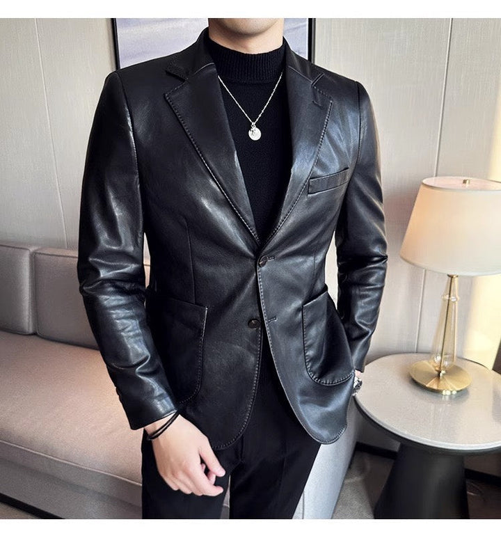 Stijlvolle Maverik leren heren blazer in elegant zwart, perfect voor een tijdloze, business casual look.
