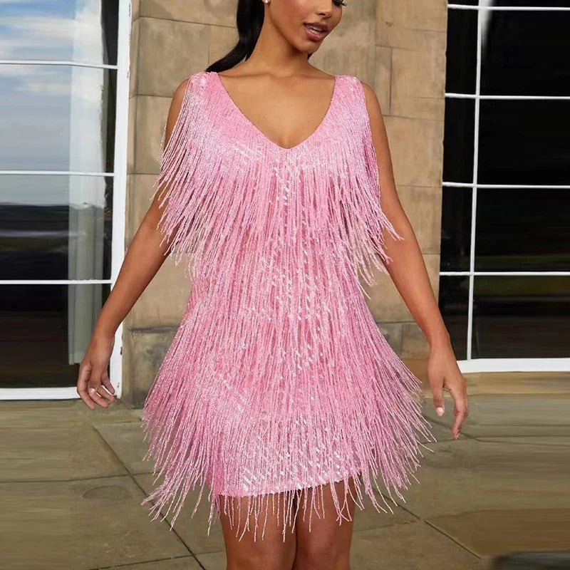 Dames flapper jurk met glanzende pailletten en elegante franjes, perfect voor Gatsby themafeesten.