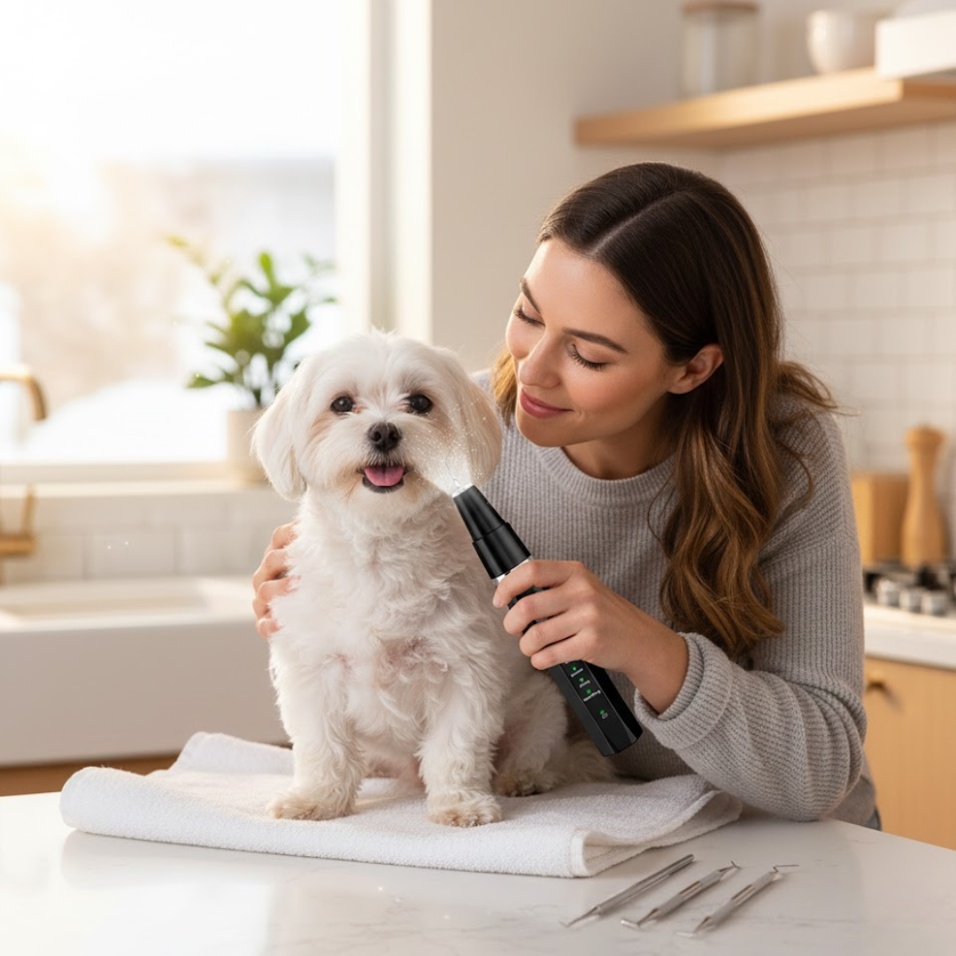 Hond krijgt betere mondhygiëne met PlaqueVrij tandreiniger, verwijdert tandsteen en plaque effectief.