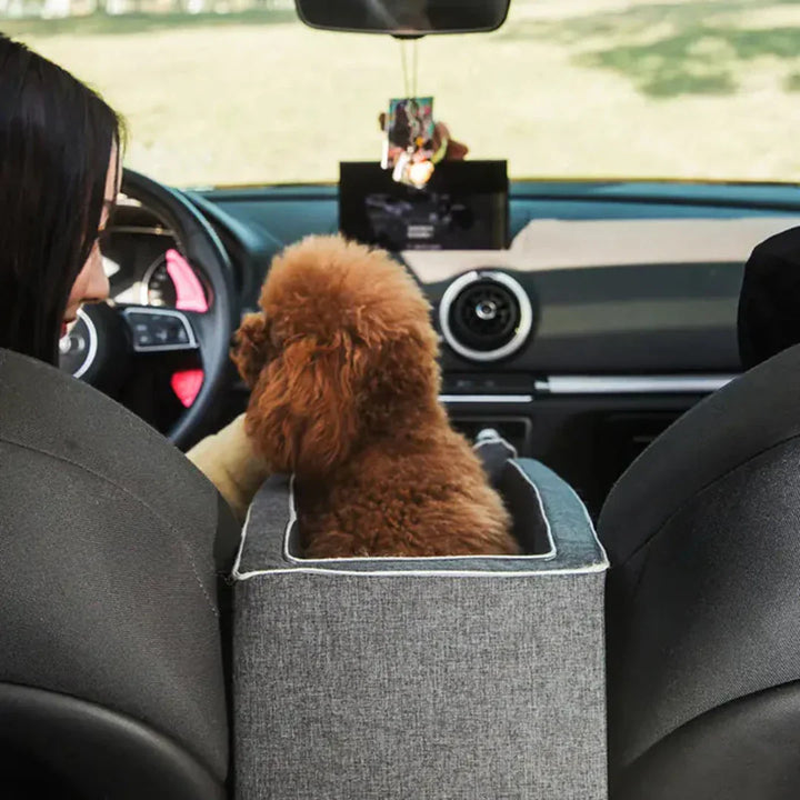 Grijs PawVoyage autostoel voor kleine honden; veilig en comfortabel reizen, ideaal voor onderweg.
