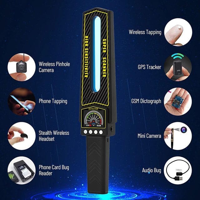Compacte professionele detector voor het opsporen van verborgen camera's, afluisterapparatuur en GPS trackers.