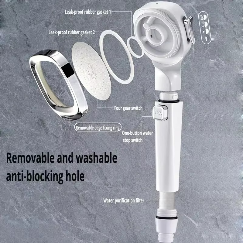 Douchekop met ingebouwd waterfilter, hoge druk en verstelbare straal voor een verfrissende, zuivere douche.