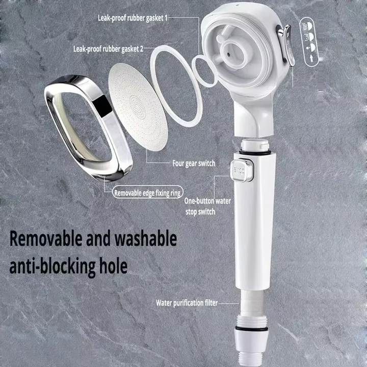 Douchekop met ingebouwd waterfilter, hoge druk en verstelbare straal voor een verfrissende, zuivere douche.