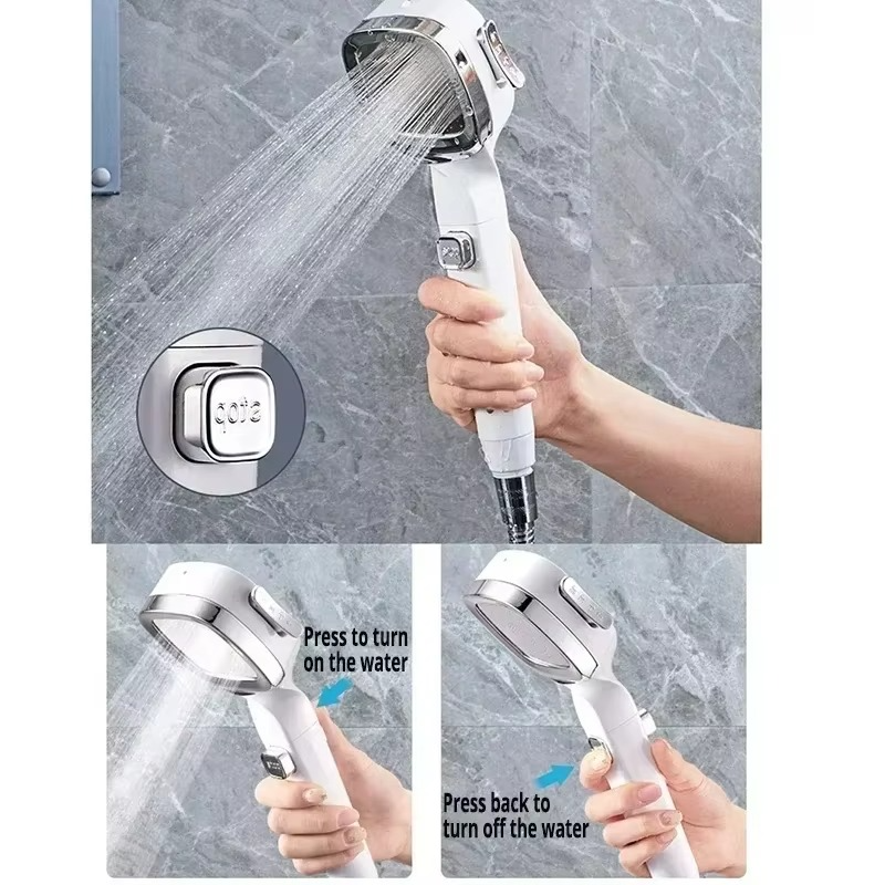 Zilveren/zwarte douchekop; hoge druk, waterfilter, 3 verstelbare standen voor waterbesparend comfort.