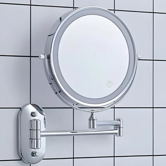 Zilveren LED spiegel met verstelbare verlichting en vergroting, 360° rotatie, modern ontwerp, oplaadbaar voor badkamergebruik
