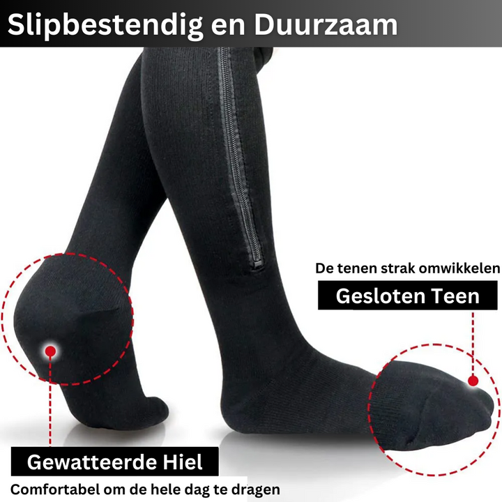 Comfortabele steunkousen met rits voor gemakkelijke aantrek. Vermindert zwelling en vermoeide benen, unisex.