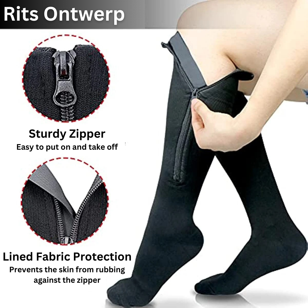 Medische compressiekousen met rits, essentieel voor herstel, reizen en het verminderen van beenvermoeidheid.