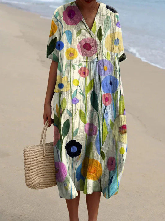 Zomerjurk Tess met bloemenprint, luchtige midi dress in kleurrijke bloemen, ideaal voor zonnige dagen met elegant design.