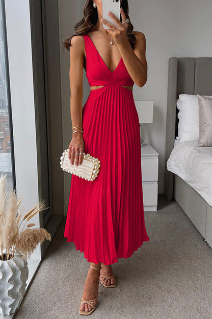 "Zomerse vrouw midi jurk met V-hals, plissérok en zijdelingse cut-outs, elegante en luchtige stijl, perfect voor events."