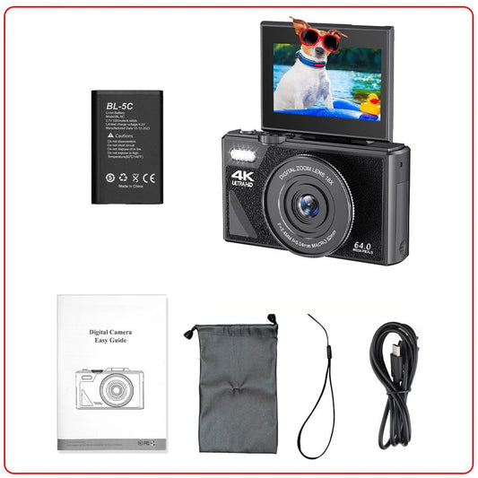 "ZoomPro 4K Vlog Camera met 18x zoom, 180° flip screen, WiFi; compact zwart design voor veelzijdige contentcreatie."
