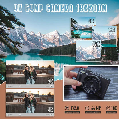 "ZoomPro 4K Vlog Camera met 18x zoom, 180° flip screen, WiFi; compact zwart design voor veelzijdige contentcreatie."