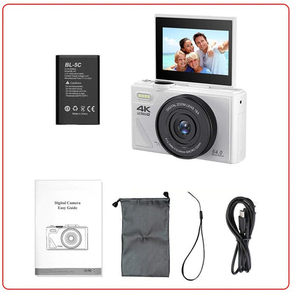 "ZoomPro 4K Vlog Camera met 18x zoom, 180° flip screen, WiFi; compact zwart design voor veelzijdige contentcreatie."