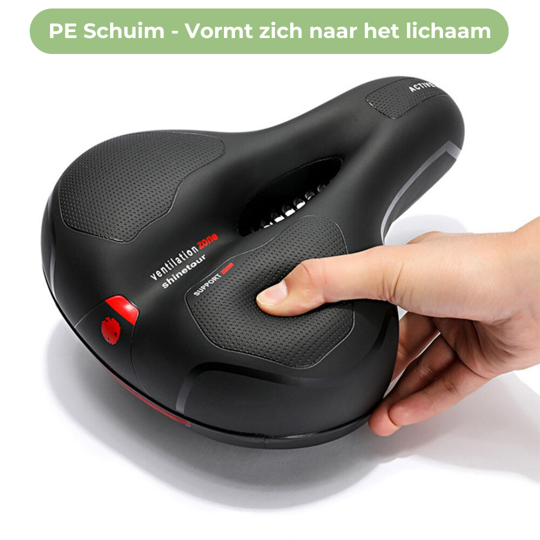 "Zwart ergonomisch fietszadel met universele pasvorm, schokabsorberende vering en comfortabel PE schuim voor lange ritten."