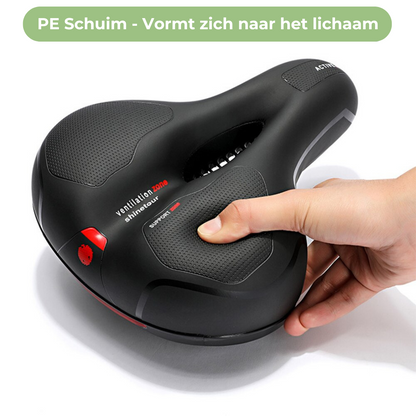 "Zwart ergonomisch fietszadel met universele pasvorm, schokabsorberende vering en comfortabel PE schuim voor lange ritten."