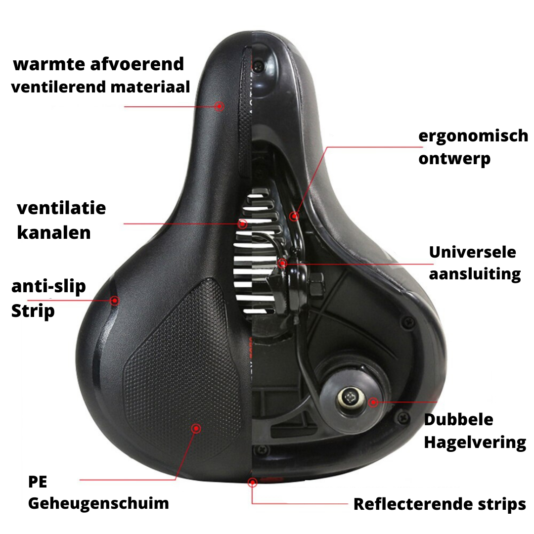 "Zwart ergonomisch fietszadel met universele pasvorm, schokabsorberende vering en comfortabel PE schuim voor lange ritten."