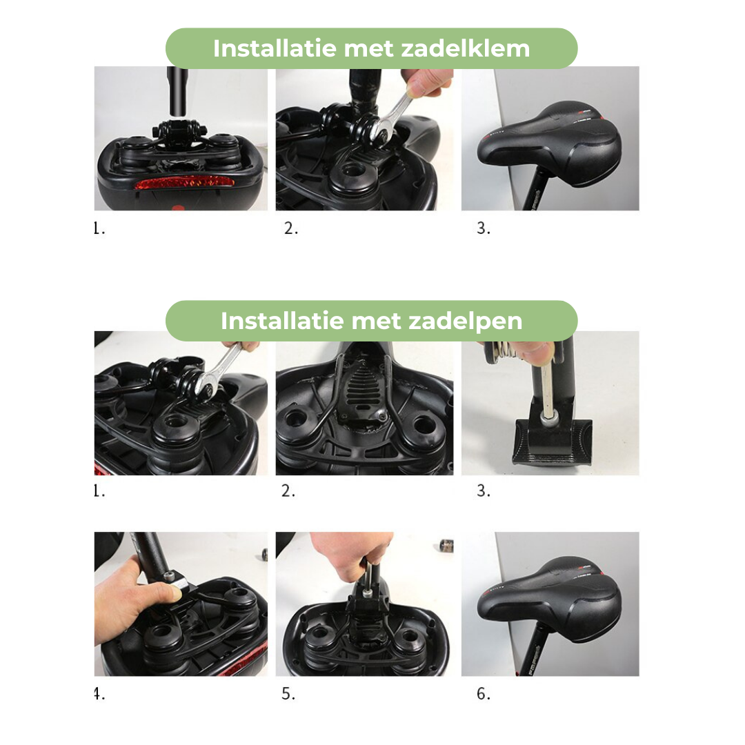 "Zwart ergonomisch fietszadel met universele pasvorm, schokabsorberende vering en comfortabel PE schuim voor lange ritten."