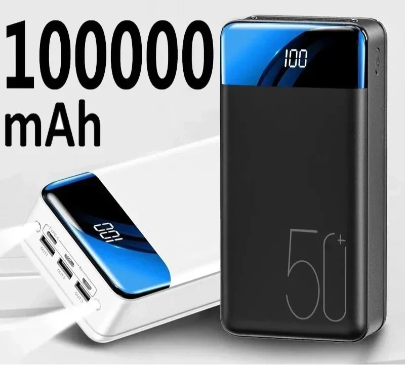 "Zwarte 100.000mAh power bank voor snel opladen van telefoons, tablets en laptops, compacte draagbare technologie."