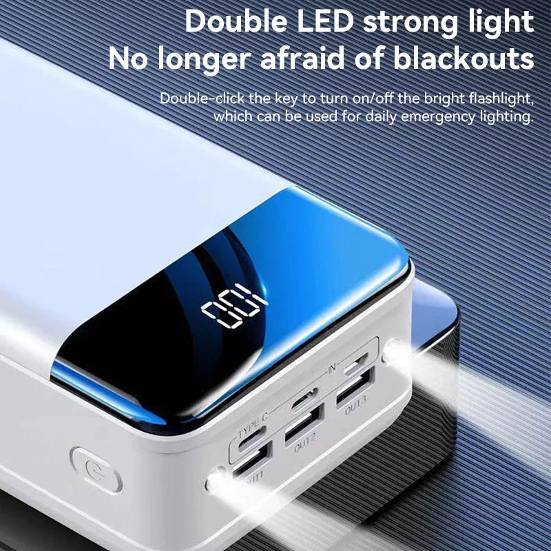 "Zwarte 100.000mAh power bank voor snel opladen van telefoons, tablets en laptops, compacte draagbare technologie."