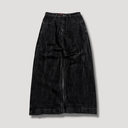 "Zwarte baggy jeans met hoge taille, wijdvallend en retro-stijl, voorkantaanzicht met casual en stijlvolle uitstraling."