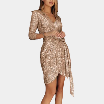 "Zwarte elegante glitterjurk voor dames met V-hals en lange mouwen, ideaal voor avondgala's en chique feesten."