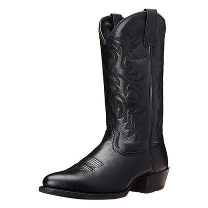 "Zwarte en bruine heren cowboylaarzen van rundleer met spitse neuzen en stijlvolle stiksels voor een klassieke western look."