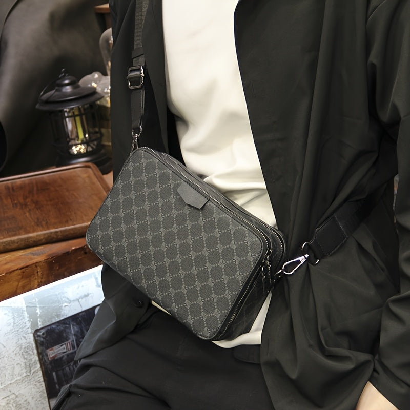 Heren crossbody tas met stijlvol zwart gecheckt patroon, compact PU leer, ideaal voor streetstyle.