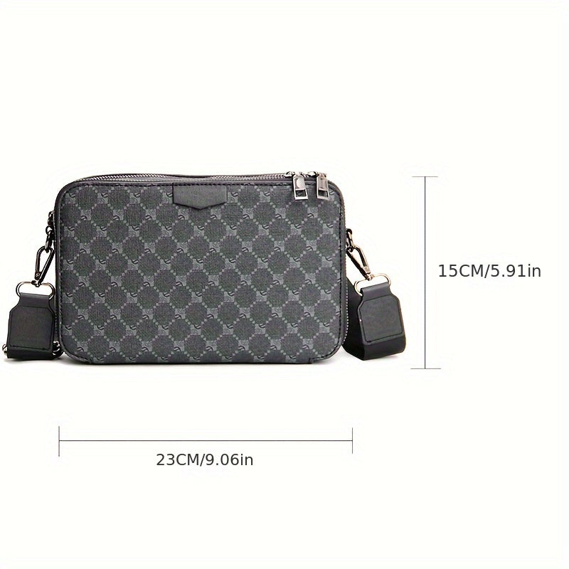 Zwarte heren schoudertas met uniek gecheckt patroon, compacte PU leren tas perfect als heren accessoire.