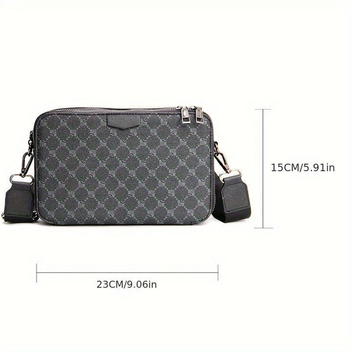 Zwarte heren schoudertas met uniek gecheckt patroon, compacte PU leren tas perfect als heren accessoire.