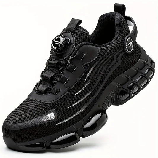 "Zwarte herenschoenen met stalen neus, antislipzool, ideaal voor outdoor; duurzaam en waterbestendig, stevige grip."