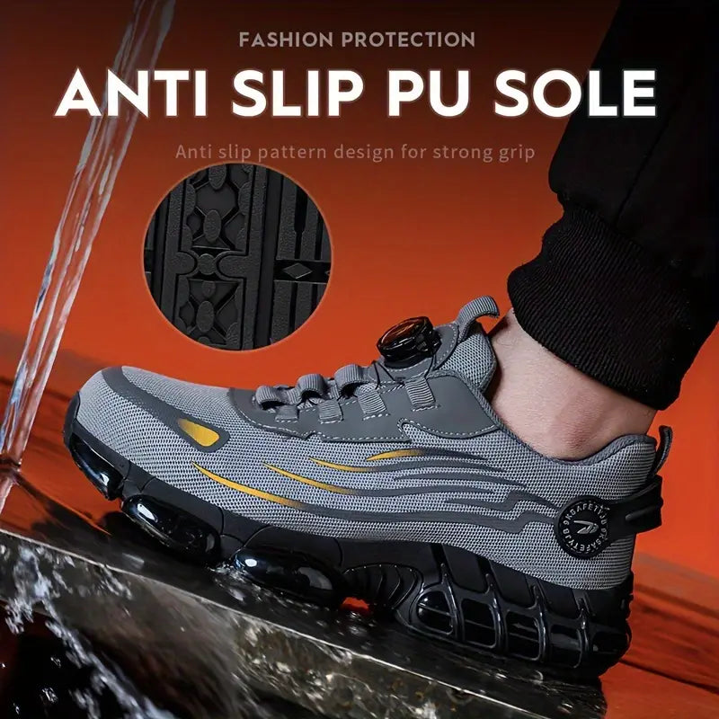 "Zwarte herenschoenen met stalen neus, antislipzool, ideaal voor outdoor; duurzaam en waterbestendig, stevige grip."