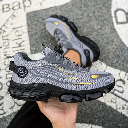 "Zwarte herenschoenen met stalen neus, antislipzool, ideaal voor outdoor; duurzaam en waterbestendig, stevige grip."