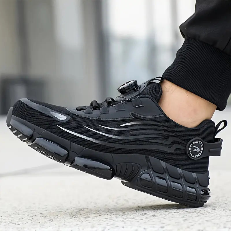 "Zwarte herenschoenen met stalen neus, antislipzool, ideaal voor outdoor; duurzaam en waterbestendig, stevige grip."