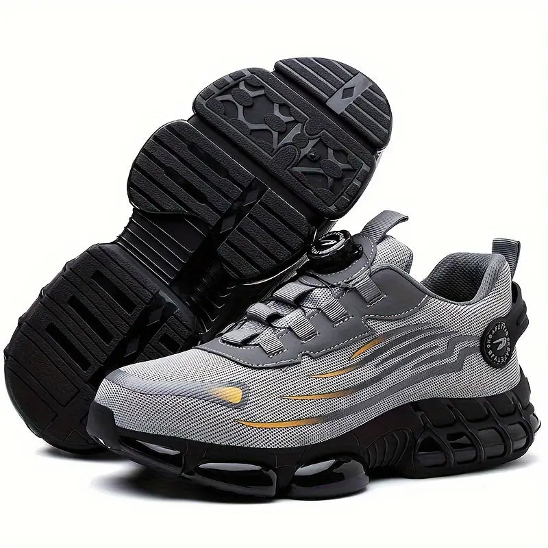 "Zwarte herenschoenen met stalen neus, antislipzool, ideaal voor outdoor; duurzaam en waterbestendig, stevige grip."