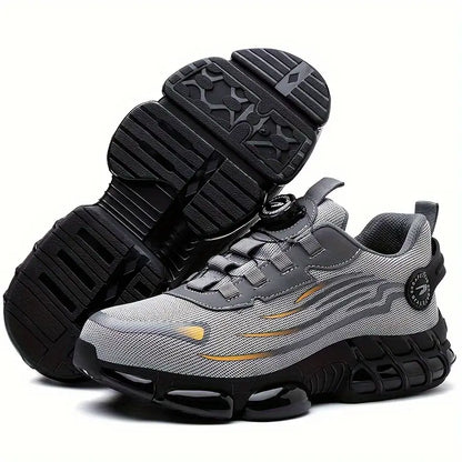 "Zwarte herenschoenen met stalen neus, antislipzool, ideaal voor outdoor; duurzaam en waterbestendig, stevige grip."