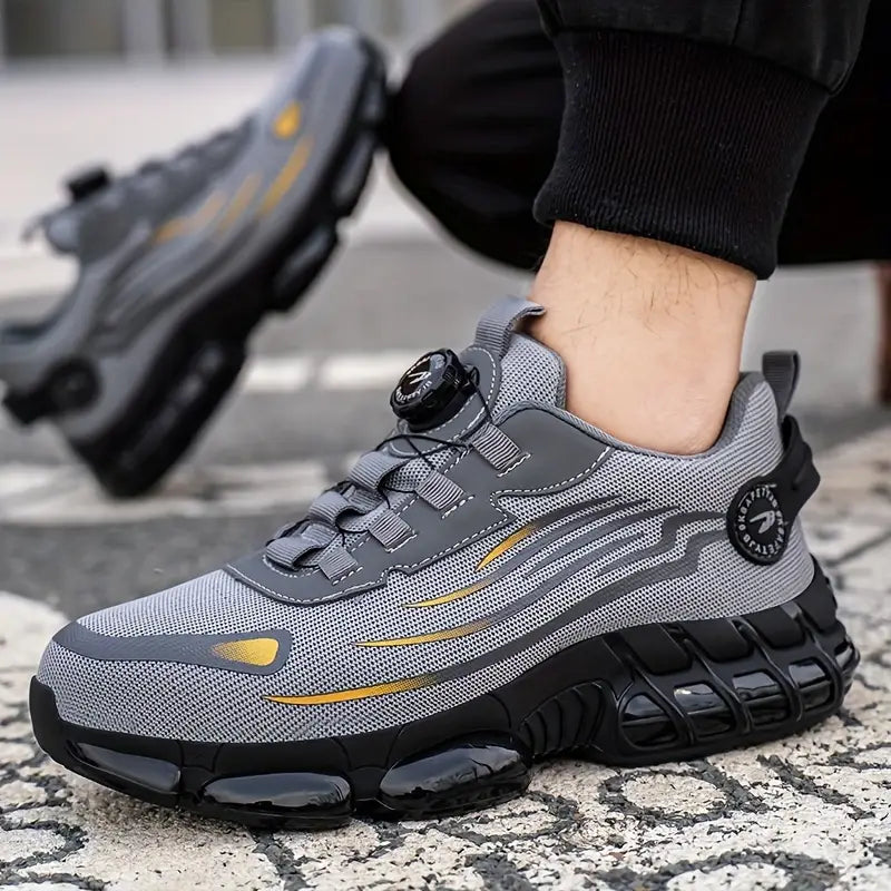 "Zwarte herenschoenen met stalen neus, antislipzool, ideaal voor outdoor; duurzaam en waterbestendig, stevige grip."