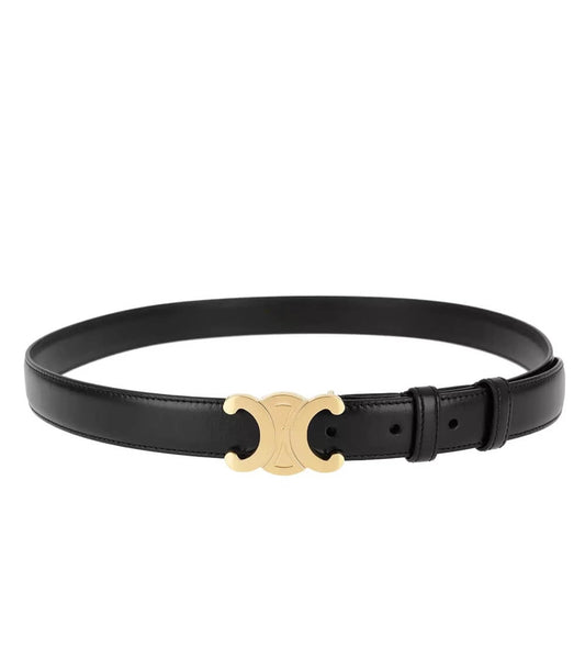 "Zwarte luxe leren riem met gouden gesp, veelzijdig voor casual en formele outfits, elegant en stijlvol accessoire."