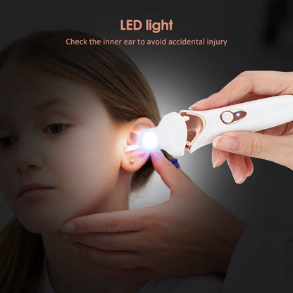 "Zwarte pijnloze oorreiniger met LED en siliconen tip voor veilige oorsmeer verwijdering, ergonomisch en USB-oplaadbaar."