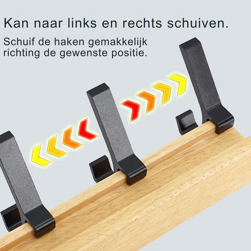 "Zwarte Scandinavische wandkapstok met verstelbare haken, houttinten. Modern minimalistisch design, duurzaamheid centraal."