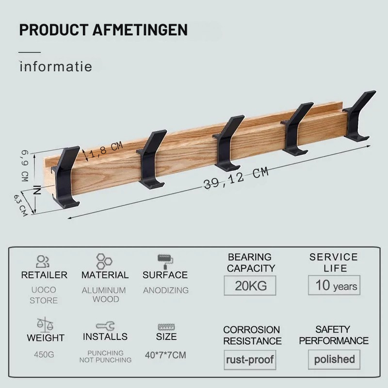 "Zwarte Scandinavische wandkapstok met verstelbare haken, houttinten. Modern minimalistisch design, duurzaamheid centraal."