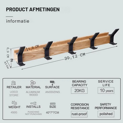 "Zwarte Scandinavische wandkapstok met verstelbare haken, houttinten. Modern minimalistisch design, duurzaamheid centraal."